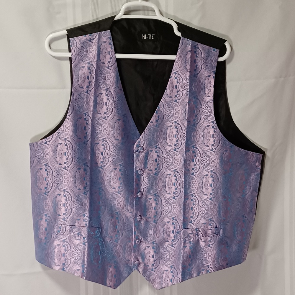 Hi-Tie Vest Mens 3XL Pink Blue Paisley Jacquard Formal Waistcoat Adjustable Back